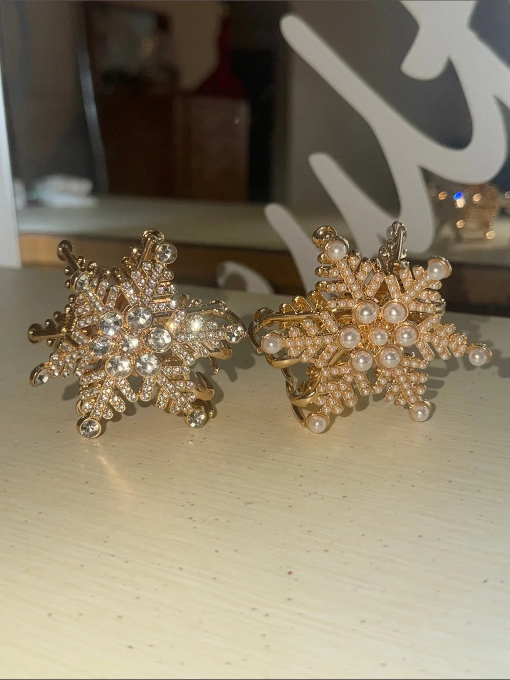 Gold Snowflake Brooch Set with Crystals and Pearls - Women Hair Clips